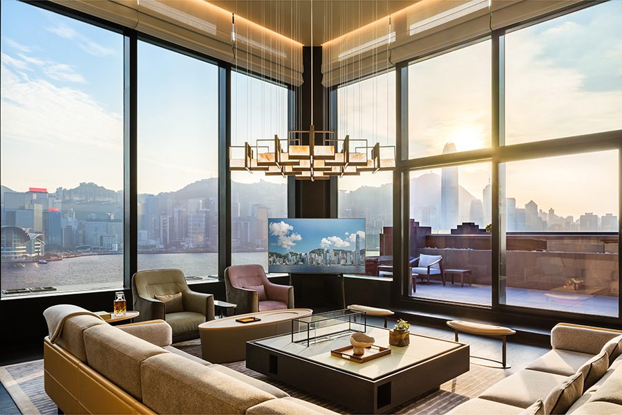 Interior view of room with floor-to-ceiling windows in Regent Hong Kong